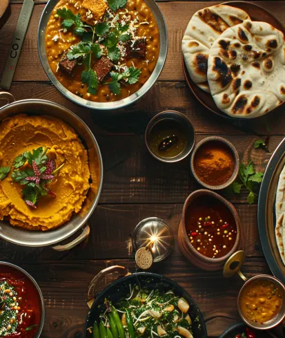 Overhead spread of Amantola curries, dal, naan and chutneys on a wooden table