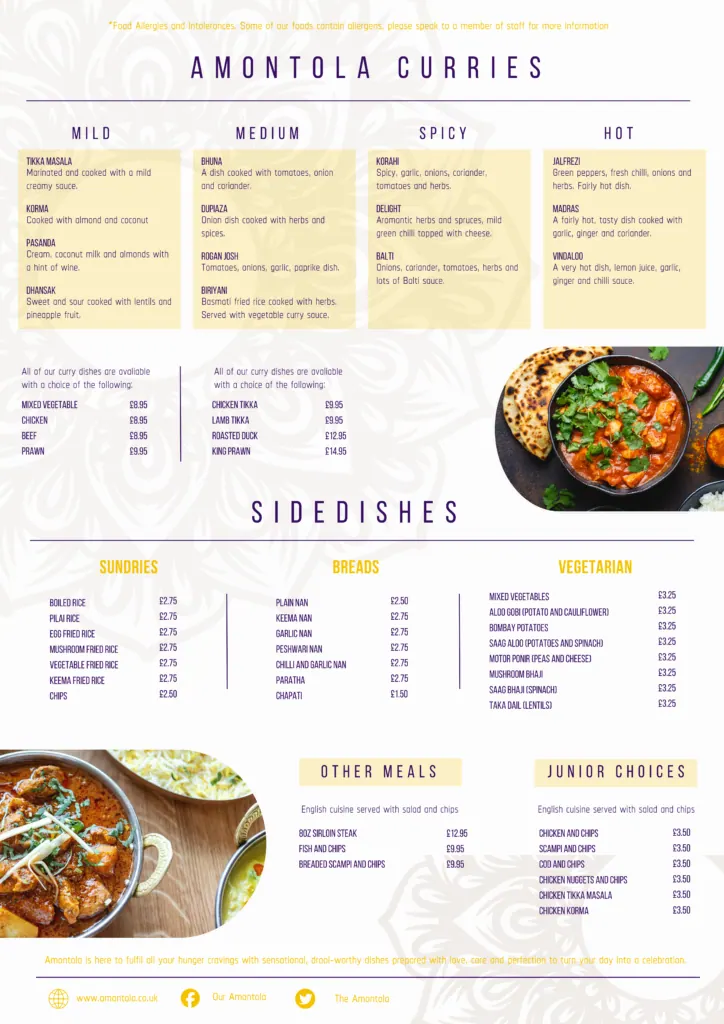 Amantola menu — curries, sides and other meals