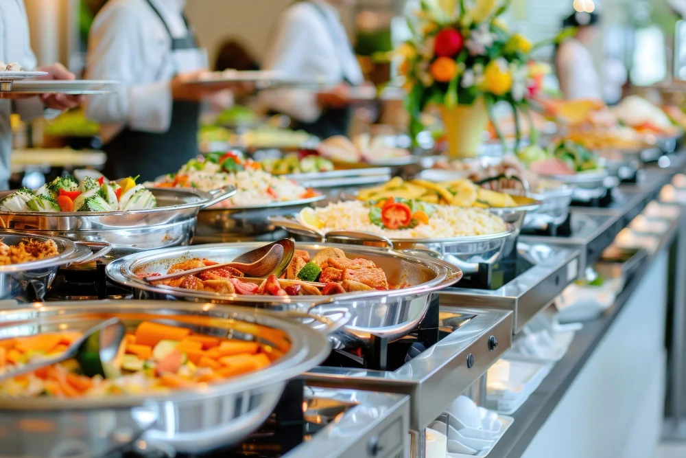 A buffet line of chafing dishes being served