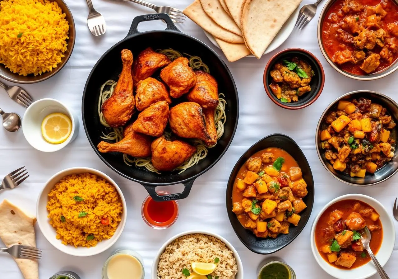 Spread of Pan-Asian dishes including tandoori chicken, curries, rice and naan
