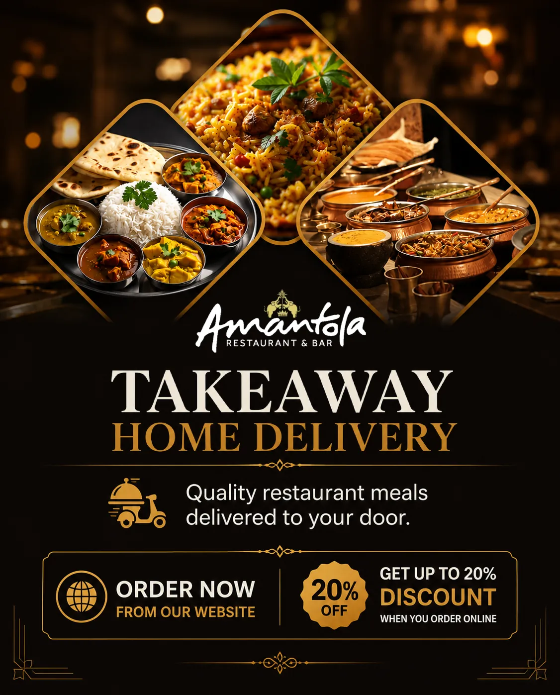 Amantola takeaway and home delivery: quality restaurant meals delivered to your door. Order now from our website and get up to 20% off when you order online.